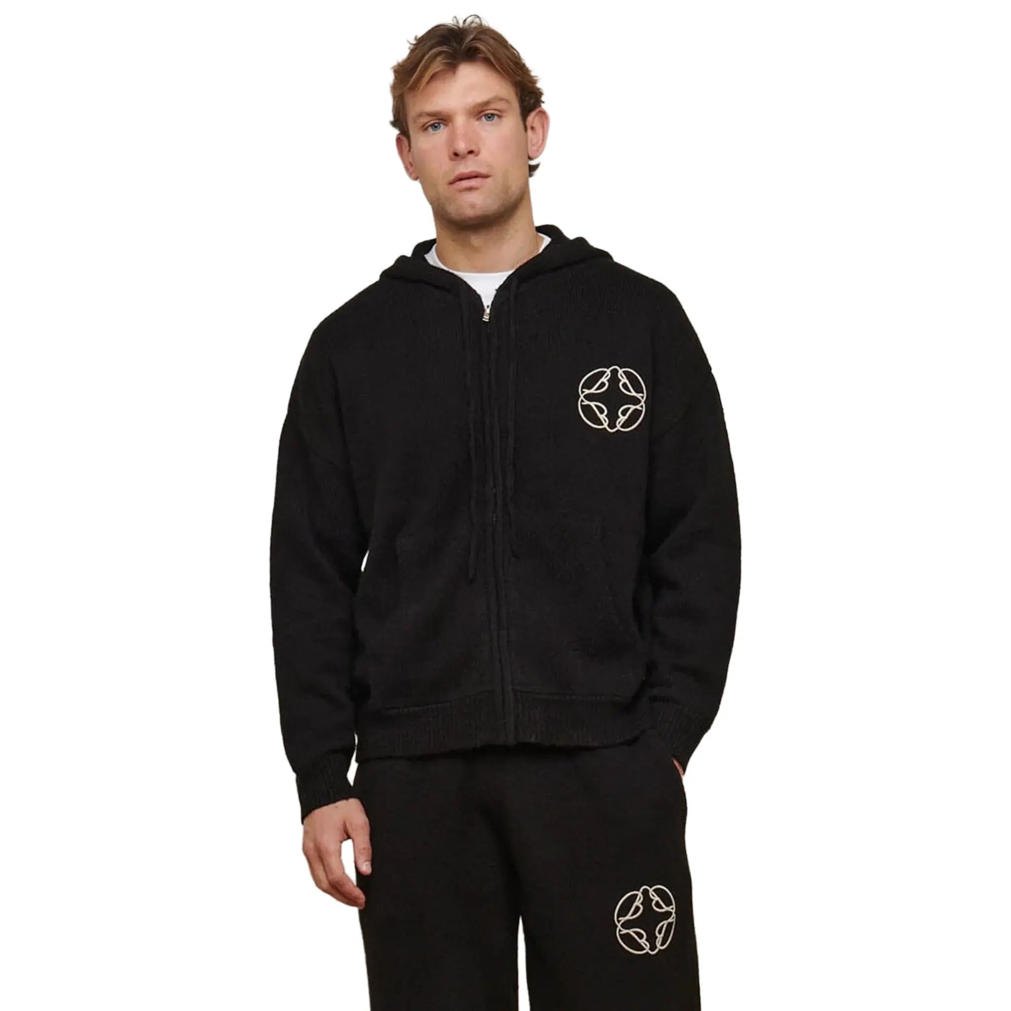 Model Front View of Belier Mohair Knit Black Hoodie